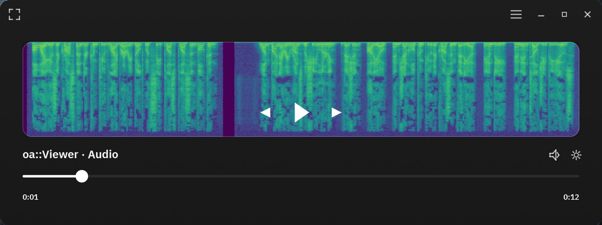 OA Viewer audio transport displaying a green spectrogram