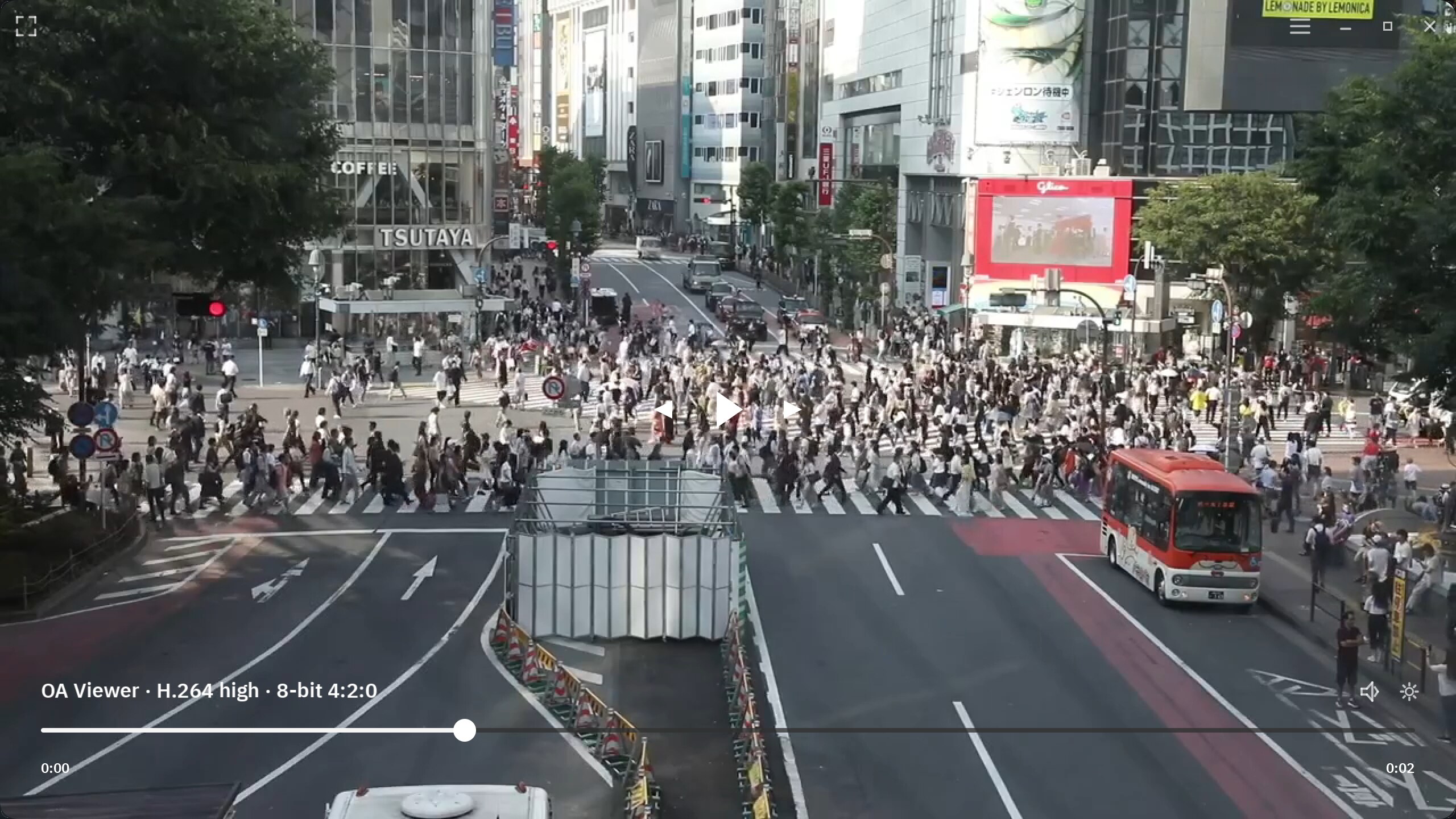 OA Viewer playing an H.264 Shibuya Crossing clip in fullspace mode