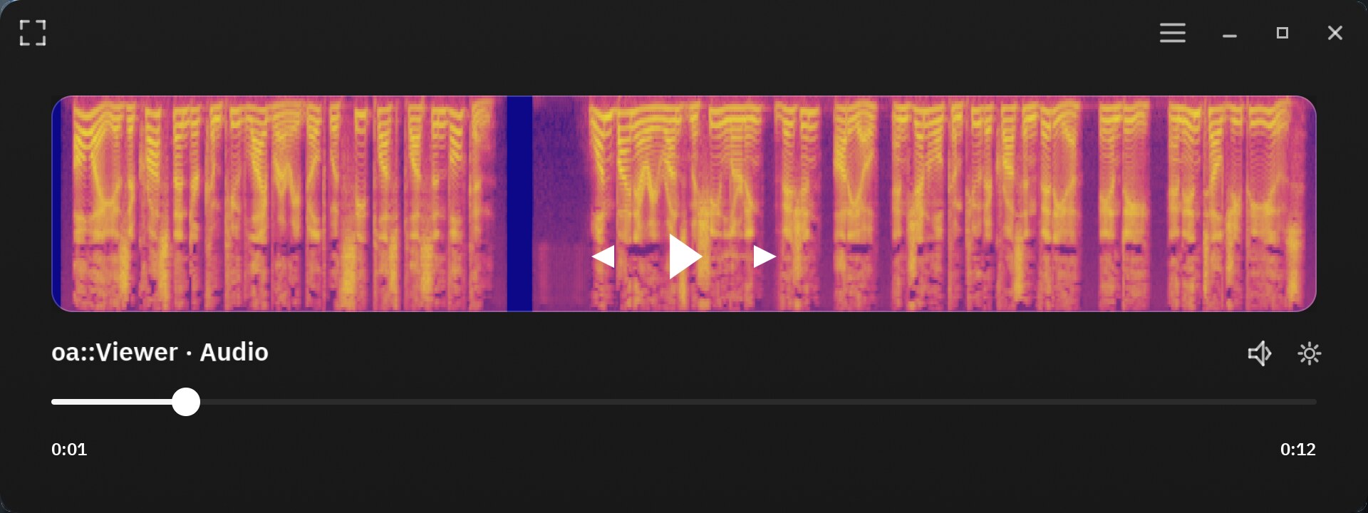 OA Viewer audio transport displaying a warm mel spectrogram